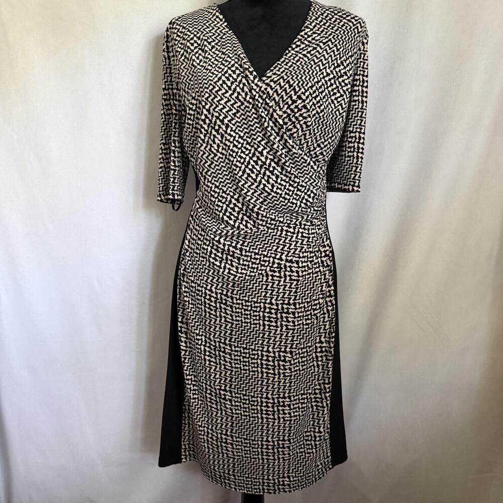Lauren Ralph Lauren Dress Womens S Black Houndstooth Ruched Jersey Sheath Midi